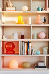 A vibrant array of eclectic objects perched atop a shelf, inviting the viewer to explore the unexpected beauty of its eclectic collection, pastel interior design idea, lamps, decorations
