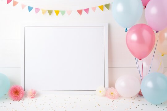 A vibrant and birthday party joyous display of white frames, balloons, and flowers conveys a feeling of love and celebration, white colored empty frame layout for text or copy space