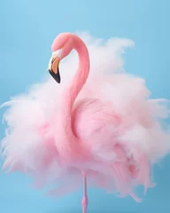 Foto op Canvas A majestic pink flamingo with its lush, feathery wings outstretched majestically captures the beauty and wonder of the wild, pink air smoke blue summer sky © Glittering Humanity