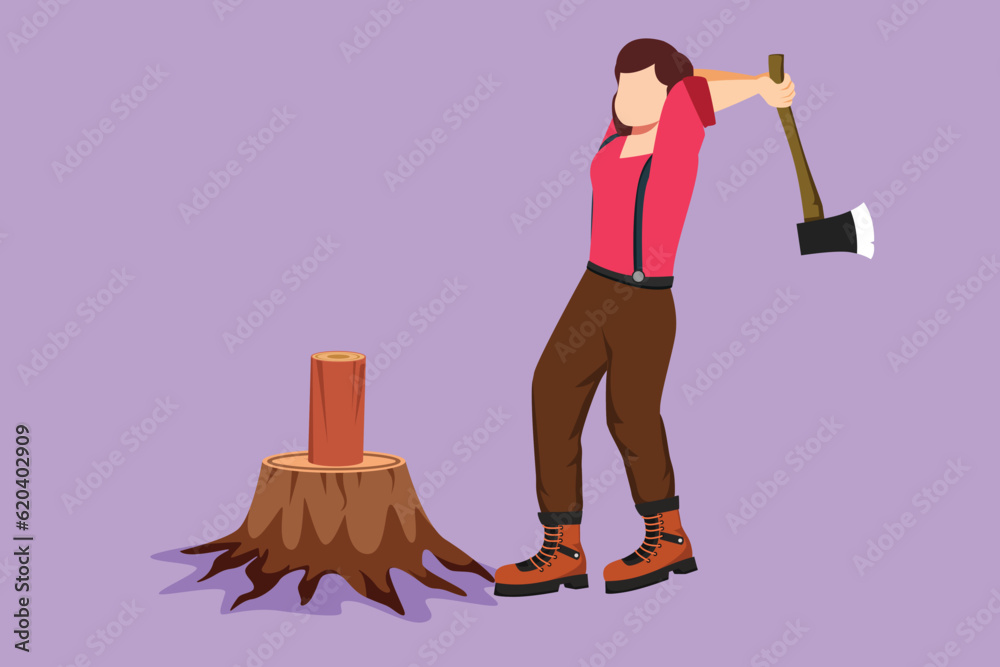 Wall mural graphic flat design drawing beauty woman woodcutter or lumberjack chopping wood with axe. wearing sh