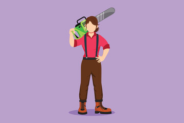 Cartoon flat style drawing woman woodcutter holding chainsaw on her back or shoulder. Wearing suspender shirt, jeans, boot. Female lumberjack pose on logging forest. Graphic design vector illustration