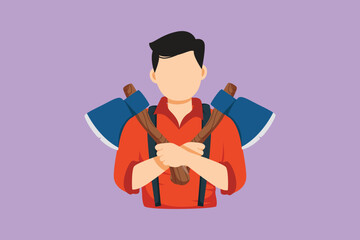 Cartoon flat style drawing of strong lumberjack holding two axes crossed logo, icon. Crossed axes, crossed firefighter axe, fireman axe, Hatchet for carpentry tools. Graphic design vector illustration
