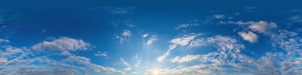 Sunset sky panorama with bright glowing pink Cirrus clouds. Seamless hdr 360 panorama in spherical equirectangular format. Full zenith for 3D visualization, sky replacement for aerial drone panoramas