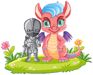 Cartoon knight boy with dragon