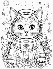 Fototapeta na wymiar Cute space cats coloring page for kids, Alien cat pirate in a spaceship in galaxy. Cute cosmonaut cats in outer space and rockets illustration.