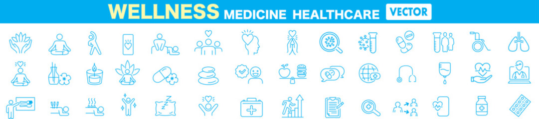 Wellness, relaxation, health, exercise, yoga, spa, diet, wellbeing, icon set collection.