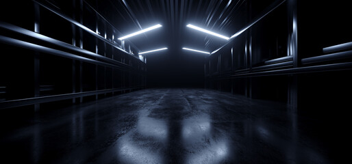 Modern Studio Metal Cement Concrete Asphalt Garage Hangar Tunnel Corridor Showroom Underground Bloom Lights Dark Realistic 3D Rendering © IM_VISUALS
