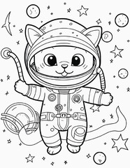 Cute space cats coloring page for kids, Alien cat pirate in a spaceship in galaxy. Cute cosmonaut cats in outer space and rockets illustration.