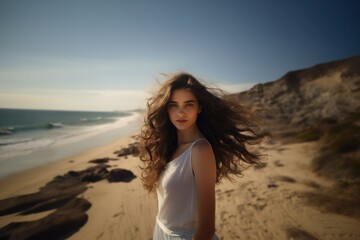 Fototapeta na wymiar Hyper Realistic Painting Portrait of a Fictional Beautiful Young Woman on a Beach. Generative AI illustration.