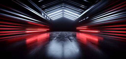Futuristic Sci Fi Cyber Neon Laser White Blue Red Lights Metal Stripe Glossy Barn Garage Studio Showroom Tunnel Corridor Underground Concrete Warehouse Room 3D Rendering