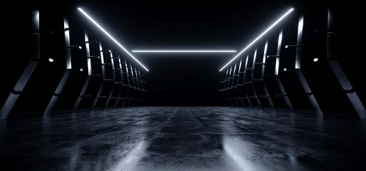 Dark Futuristic Sci Fi Cyber Neon Laser Stripe Lights Metal Stripe Glossy Barn Garage Studio Showroom Tunnel Corridor Underground Concrete Warehouse Room 3D Rendering © IM_VISUALS