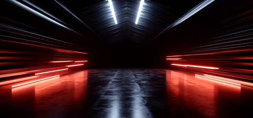 Futuristic Sci Fi Cyber Neon Laser White White Orange Lights Metal Stripe Glossy Barn Garage Studio Showroom Tunnel Corridor Underground Concrete Warehouse Room 3D Rendering © IM_VISUALS