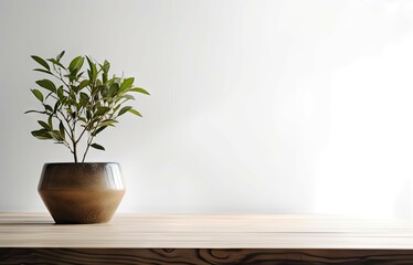 Modern Interior Design Concept with White Wall Background. Tabletop for your product with Tree Pot and Beautiful Plants as Decoration in Room