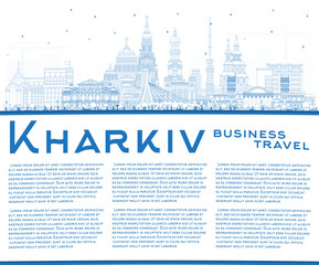 Fototapeta premium Outline Kharkiv Ukraine City Skyline with Blue Buildings and Copy Space.