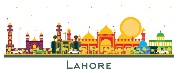 Lahore Pakistan City Skyline with Color Landmarks Isolated on White.