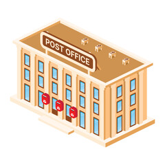 Isometric Post Office Building Isolated on White Background.