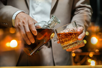 Bartender Serve Whiskey, on wood bar, 