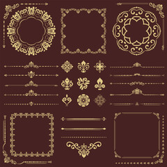Vintage set of vector horizontal, square and round elements. Brown and golden elements for backgrounds and frames. Classic patterns. Set of vintage patterns
