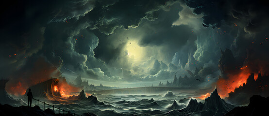 a painting of a fantasy land with dark clouds in the sky Generated by AI