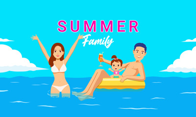Parents and children, happy family enjoying summer vacation by the sea recreation vector illustration