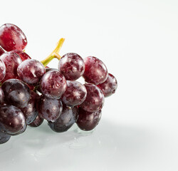 A bunch of dark grapes with water drops on the berries on a white background
