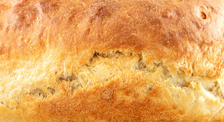 Crispy baked crust of Ukrainian white bread close-up