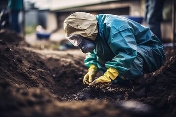 Fototapeta na wymiar Worker in coveralls and mask takes a sample of the soil in the contaminated area - Generative AI