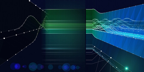 Abstract background graph wavy grid with blurred lines on dark. Technology wireframe interlacement concept in virtual space. Big Data. Banner for business, science and technology data analytics.