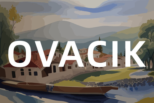 Beautiful watercolor painting of a Turkish village with the name Ovacık in Tunceli