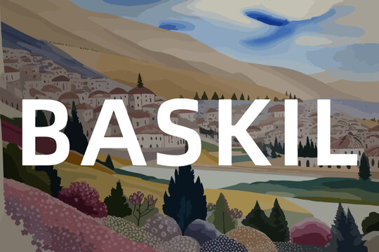 Beautiful watercolor painting of a Turkish scene with the name Baskil in Elazığ