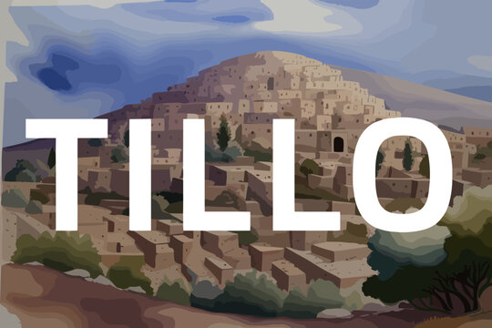 Beautiful watercolor painting of a Turkish village with the name Tillo in Siirt