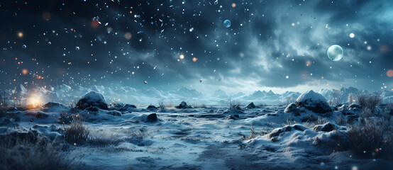 an alien desert scene with small rocks and grass covered in snow Generated by AI