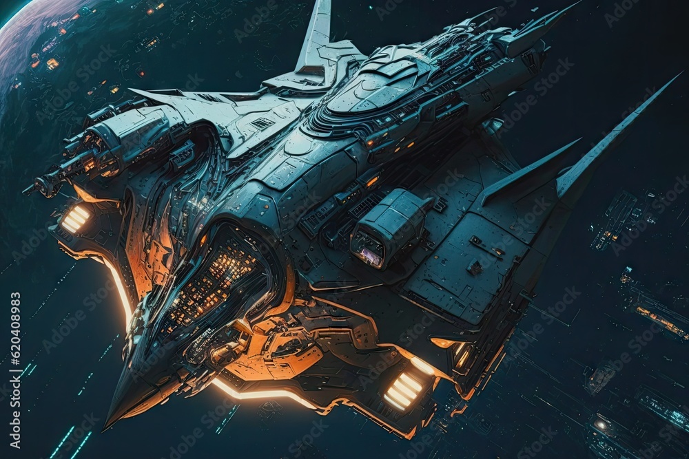 Wall mural cyber punk spaceship seen from above. glorious generative ai.