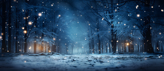 Fototapeta snow falling at night in a snowy dark forest with lights and stars Generated by AI obraz