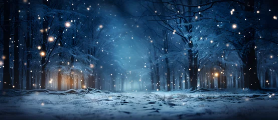 Wall murals Landscape snow falling at night in a snowy dark forest with lights and stars Generated by AI