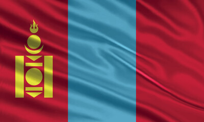 Mongolia flag design. Waving Mongolian flag made of satin or silk fabric. Vector Illustration.