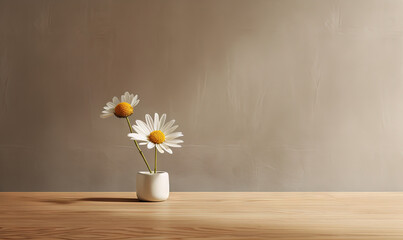  three daisies in a white vase on a wooden table.  generative ai