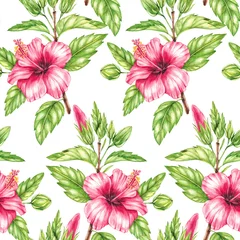 Fototapete Tropische Pflanzen Watercolor red hibiscus pattern