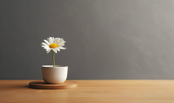  a single white flower in a white vase on a wooden table.  generative ai