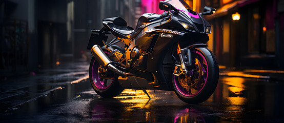 a very nice looking motorcycle on a wet street Generated by AI