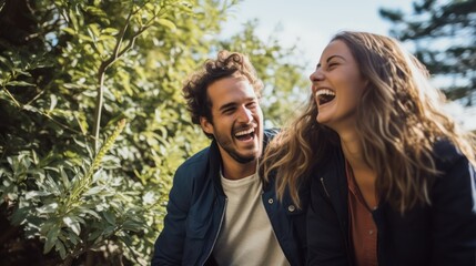 Happy couple on vacation. Lovers are laughing. Happy guy and girl. Lovers enjoy each other outdoor. Generative Ai.