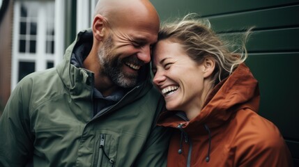 Obraz premium Happy couple on vacation. Lovers are laughing. Happy guy and girl. Lovers enjoy each other outdoor. Generative Ai.