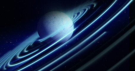 Abstract blue space planet with a round asteroid belt ring futuristic hi-tech on the background of stars in open space © Bolbik