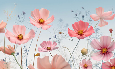  a painting of pink flowers with a blue sky in the background.  generative ai
