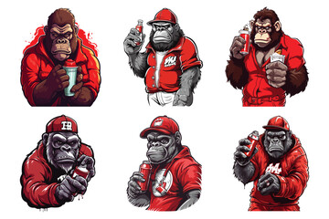 Set of a gorilla wearing a cap and hat is holding a beer bottle, vector illustration