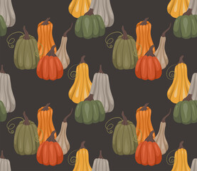 Rustic vector pattern with composition of pumpkins on a dark gray background. Rural background with gourds