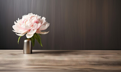  a pink flower in a silver vase on a wooden table.  generative ai