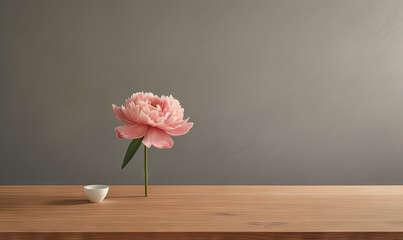 a pink flower in a white vase on a wooden table.  generative ai