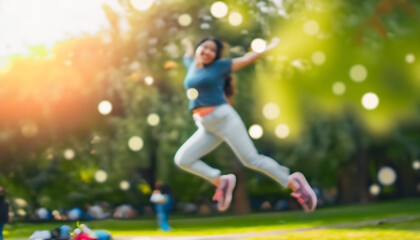 Fototapeta na wymiar Defocused bokeh effect positive concept background of unrecognizable people enjoying healthy lifstyle exercising fitness outside