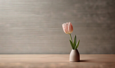  a single pink tulip in a white vase on a wooden table.  generative ai